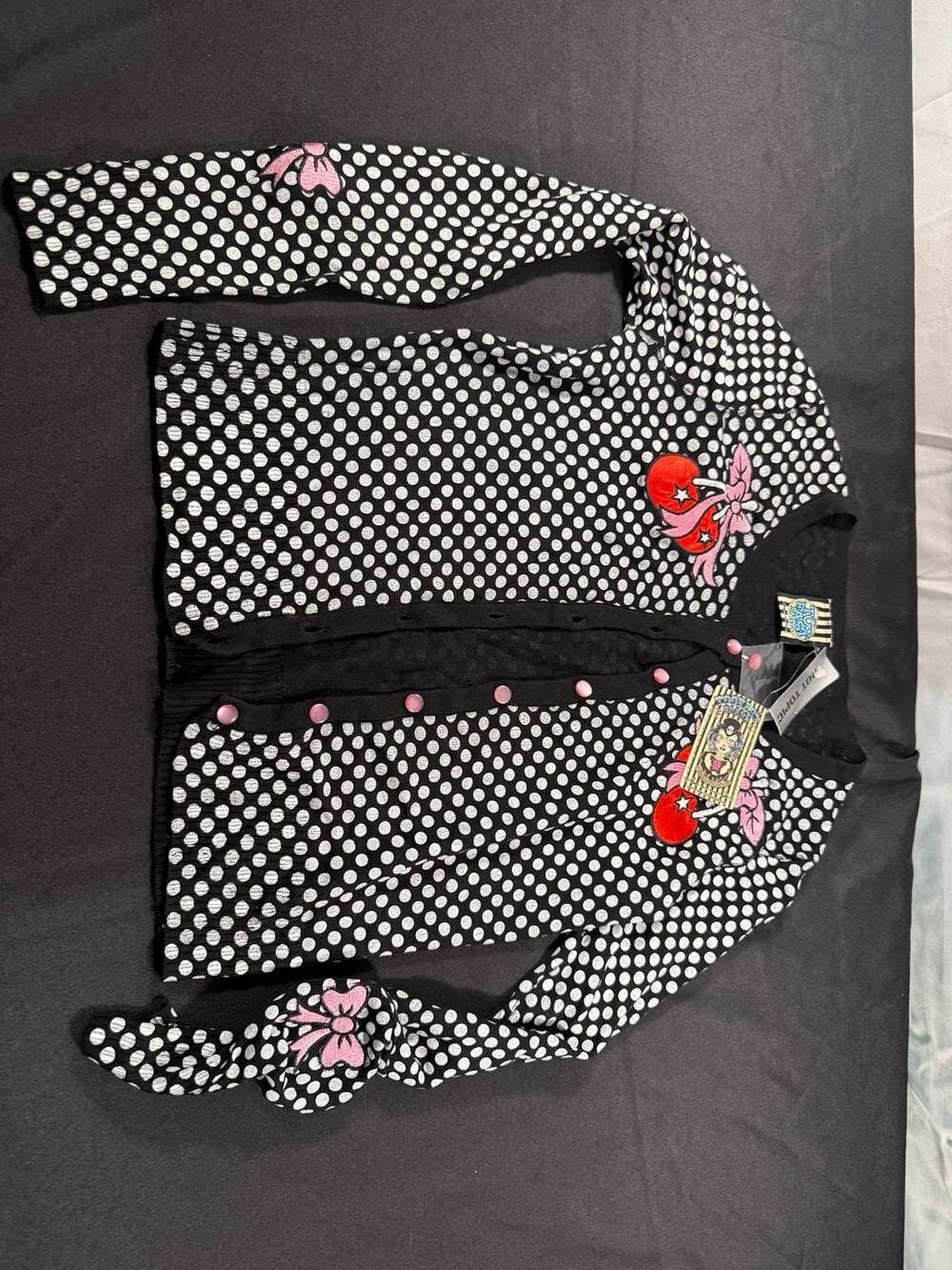 Too Fast Brand Cirque Couture Black and White Polka Dot Cherry Cardigan